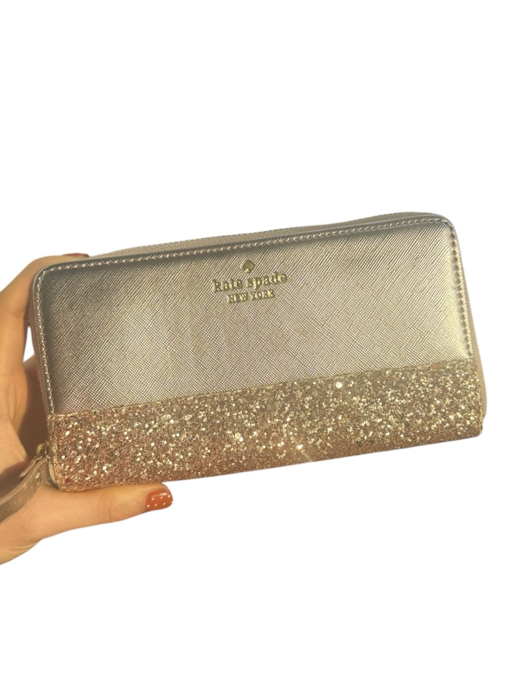 kate spade Rose Gold Metallic Zip-Around Wallet with Glitter Trim